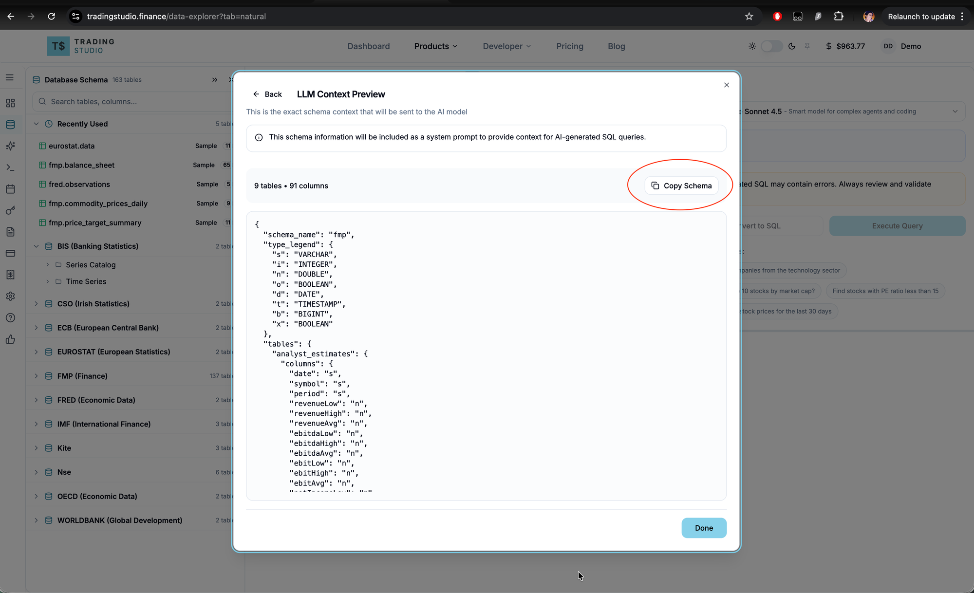 Click Preview Schema, then Copy Schema