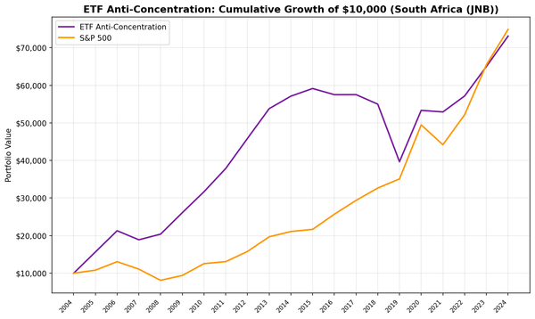 Cumulative growth of low-concentration quality stocks on the Johannesburg Stock Exchange vs S&P 500.
